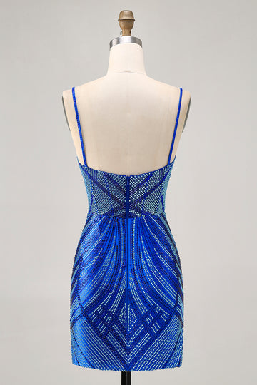 Royal Blue Spaghetti Straps Beaded Bodycon Homecoming Dress